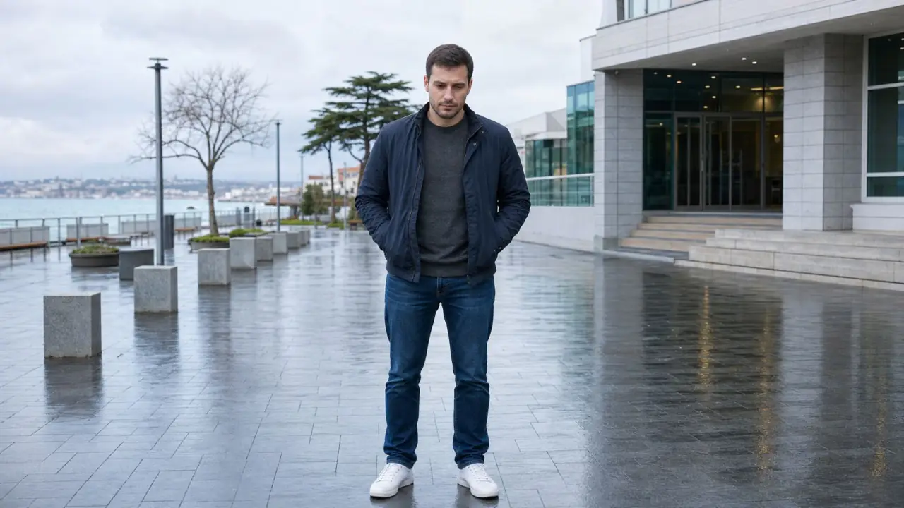 Мужчина стоит один у современного зала в Севастополе в пасмурный день
